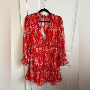 Red Deep V Ruffled Floral Dress with Open Back